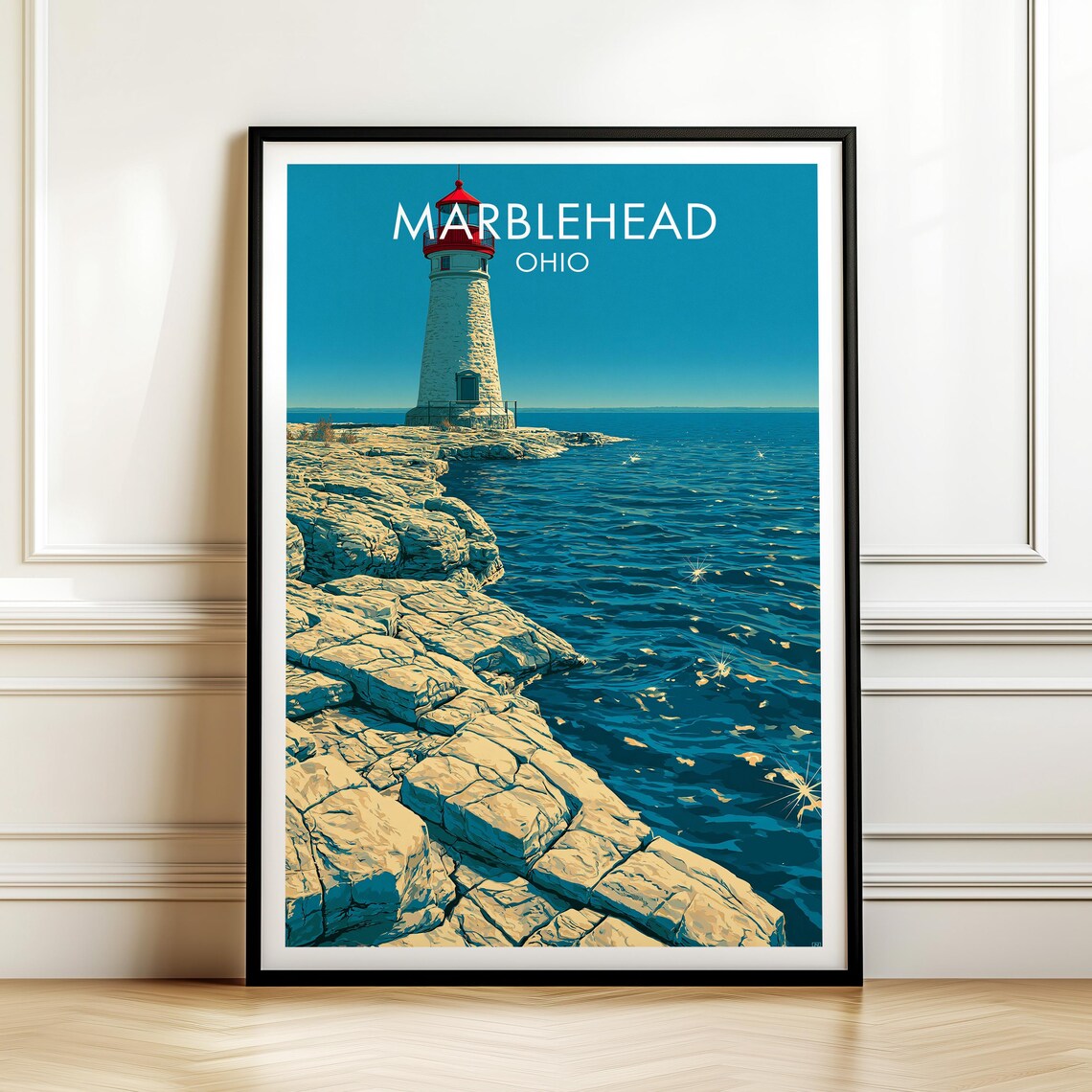 Marblehead Ohio Lighthouse Lake Erie Rocky Shore Vintage Travel Poster