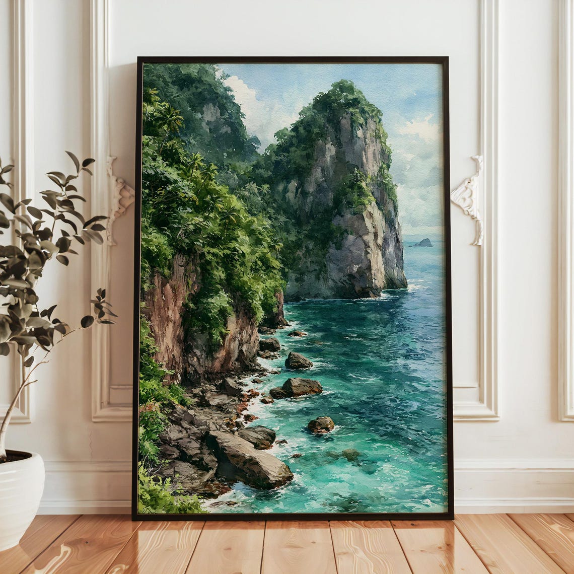 American Samoa Rocky Coastline Tropical Cliffs Watercolor Poster