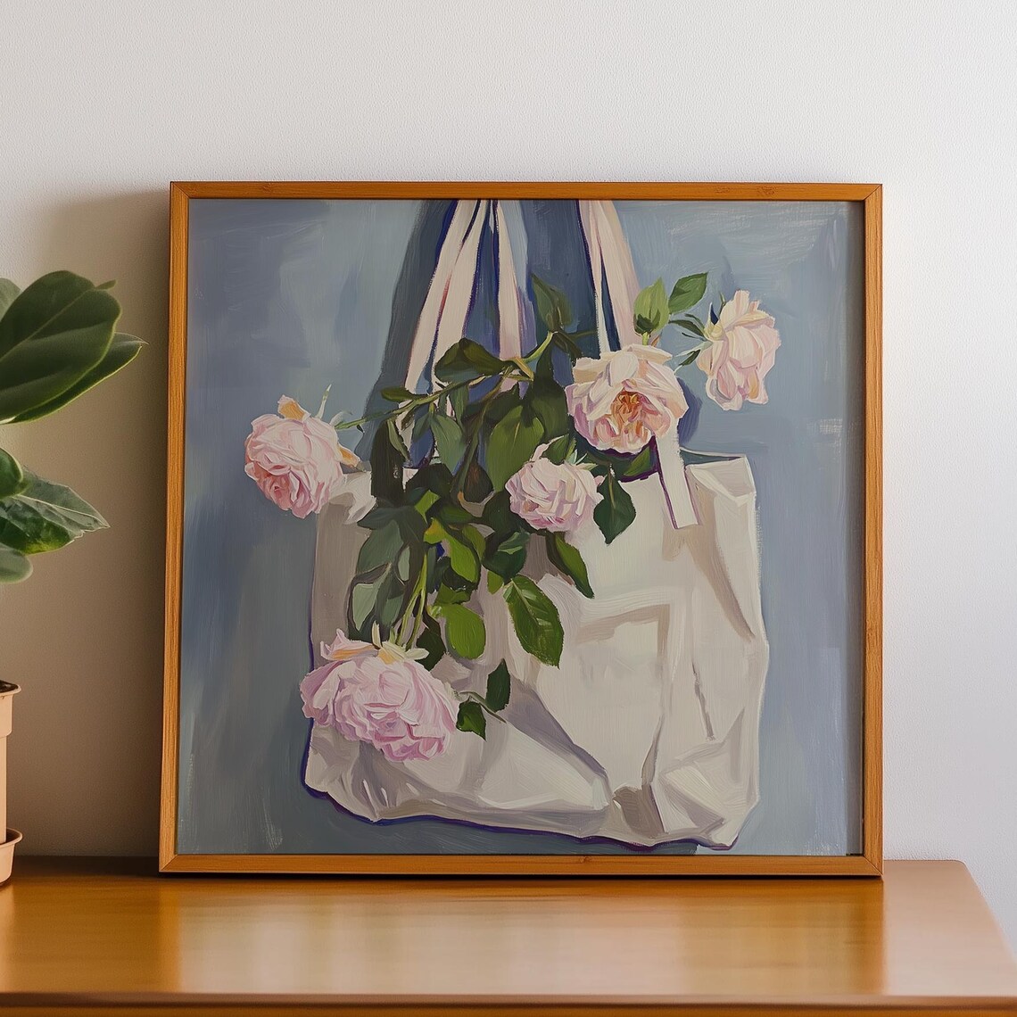 Blush Roses in a Tote Bag Market Flowers Oil Painting Poster