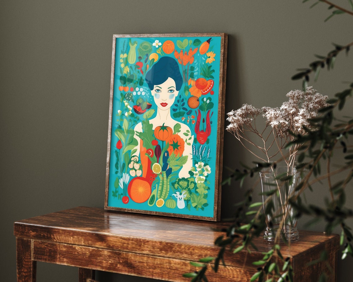 Vegan Woman Surrounded By Fresh Produce Botanical Style Poster