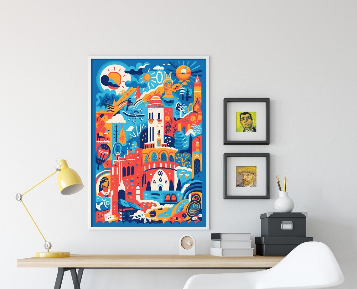 Whimsical Italian Cityscape With Suns Colorful Illustration Poster - Image 4
