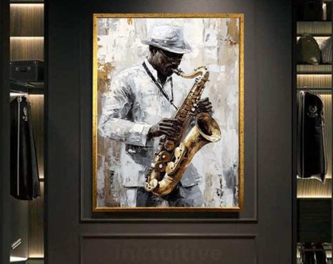Man Playing Saxophone in White Suit Abstract Jazz Music Poster