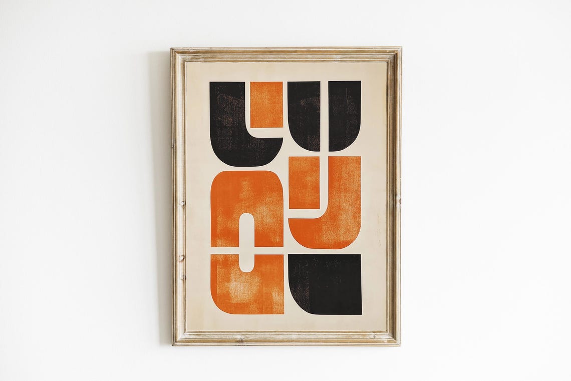 Orange Black Interlocking U Shapes Mid Century Modern Art Print