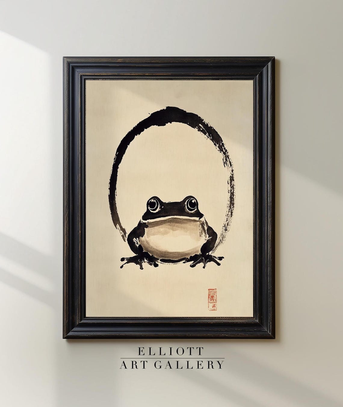 Green Frog Beside Giant Leaf Japanese Woodblock Vintage Animal Print
