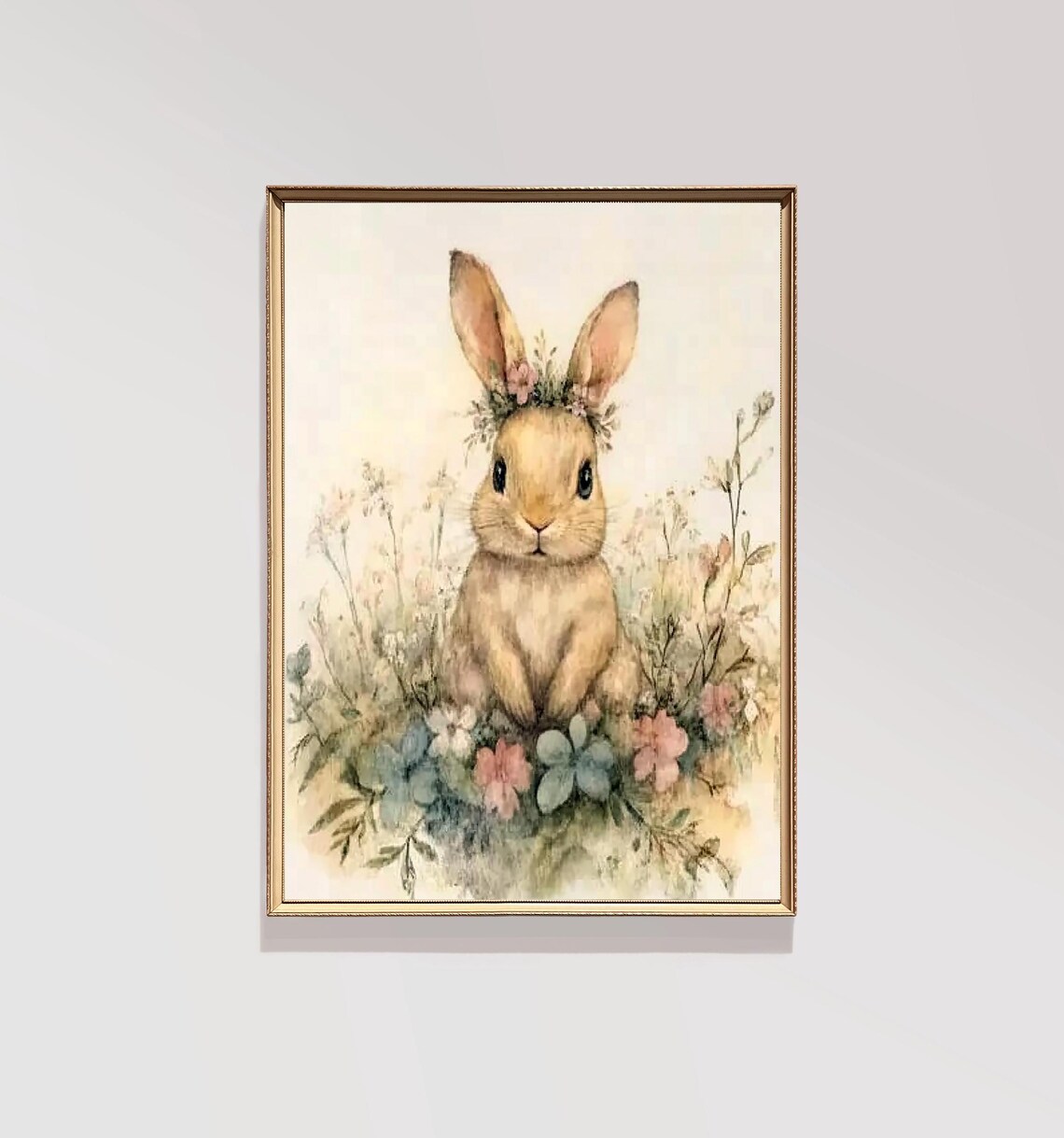 Sweet Watercolor Bunny Wearing a Delicate Floral Crown Meadow Poster