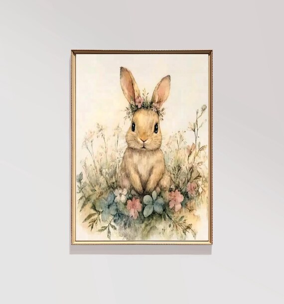 Sweet Watercolor Bunny Wearing a Delicate Floral Crown Meadow Poster