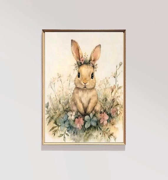 Vintage Spring Bunny Painting Nursery Print Easter Farmhouse Decor E150