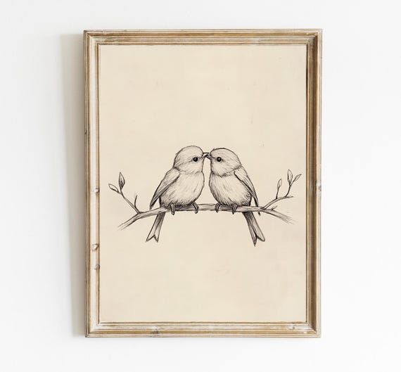 Lovebirds Sketch, Vintage Farmhouse Nursery Art Print