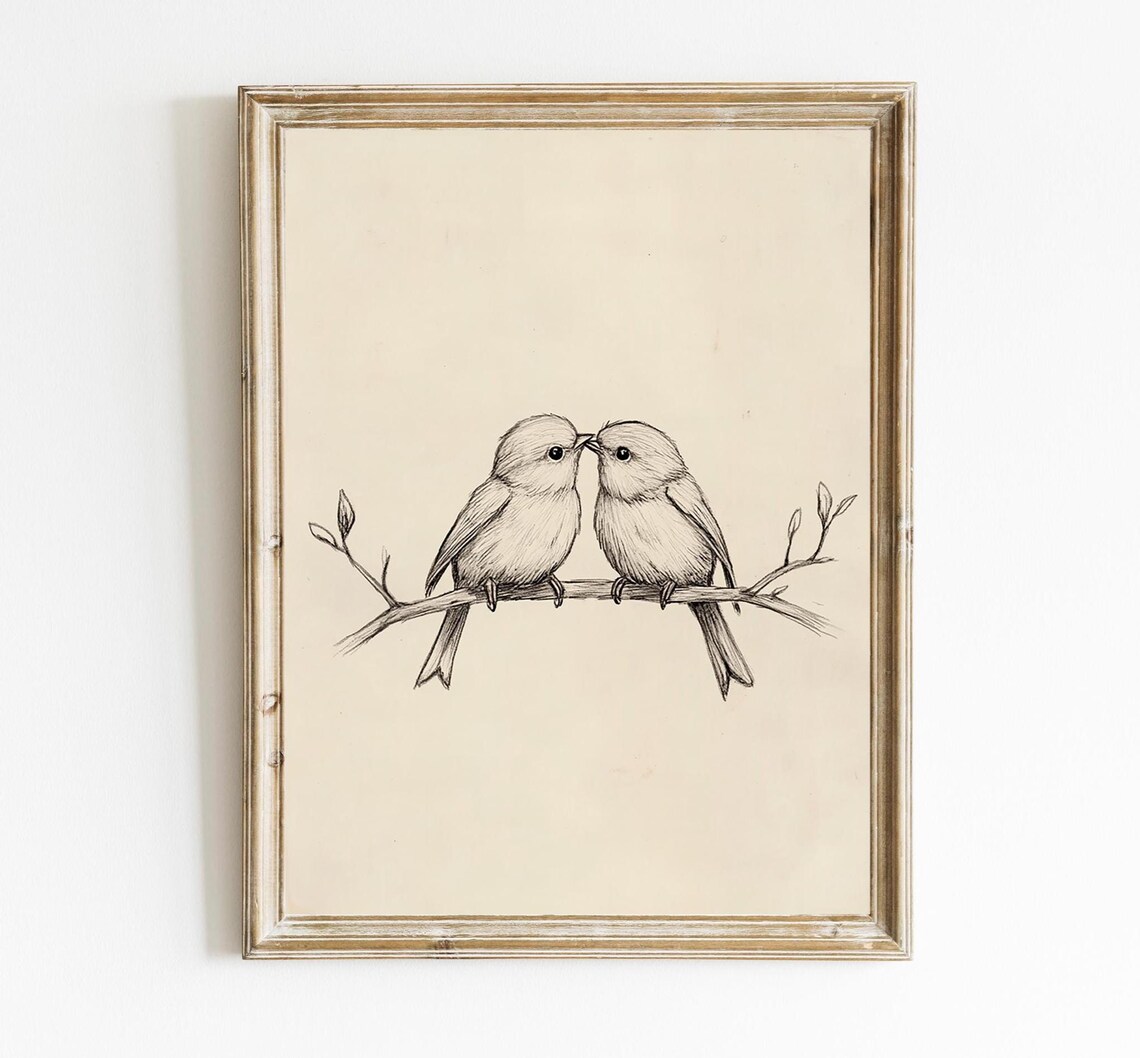 Lovebirds Sketch, Vintage Farmhouse Nursery Art Print