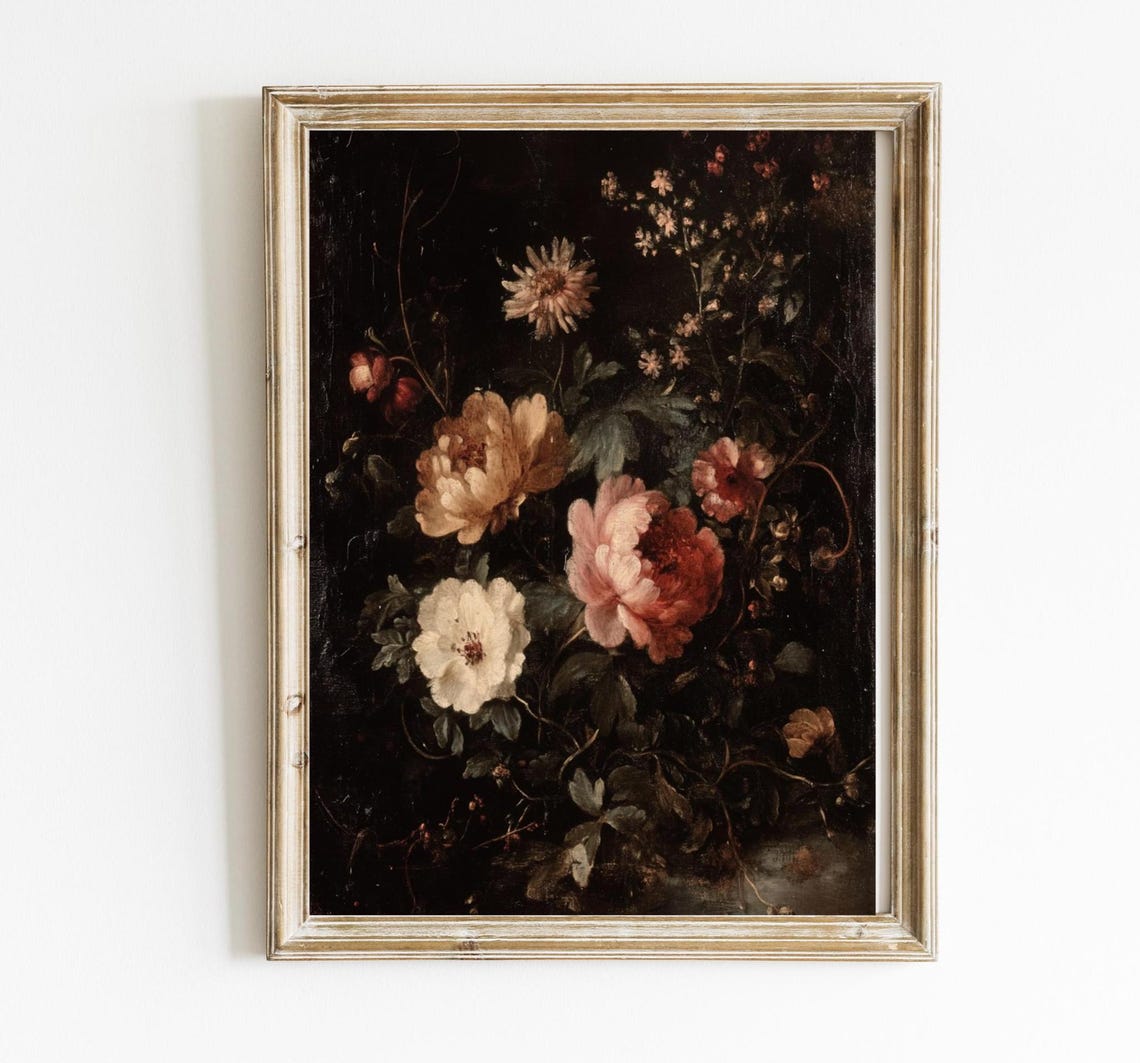 Dark Moody Floral Still Life Vintage Botanical Oil Painting Poster