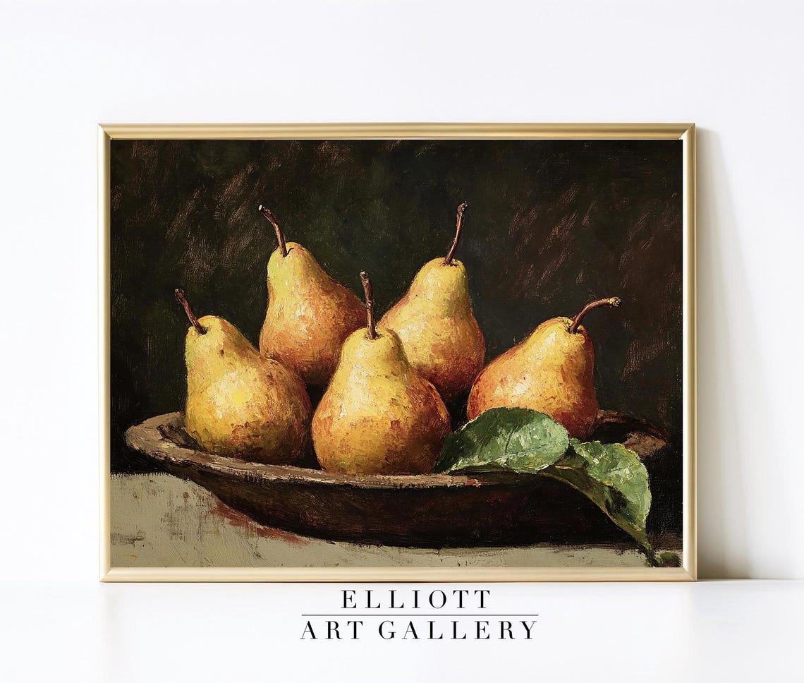 Vintage Golden Pears Still Life Moody Kitchen Oil Painting Poster