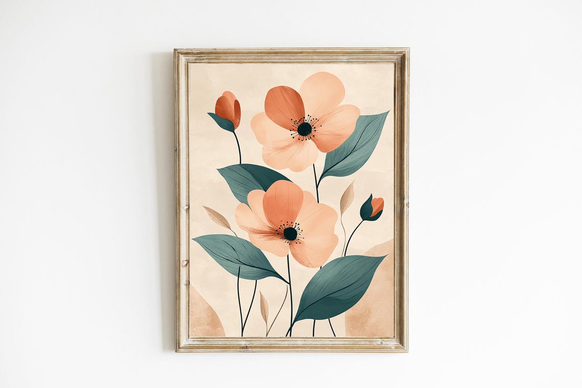 Coral Poppies Modern Botanical Print with Teal Leaves on Cream