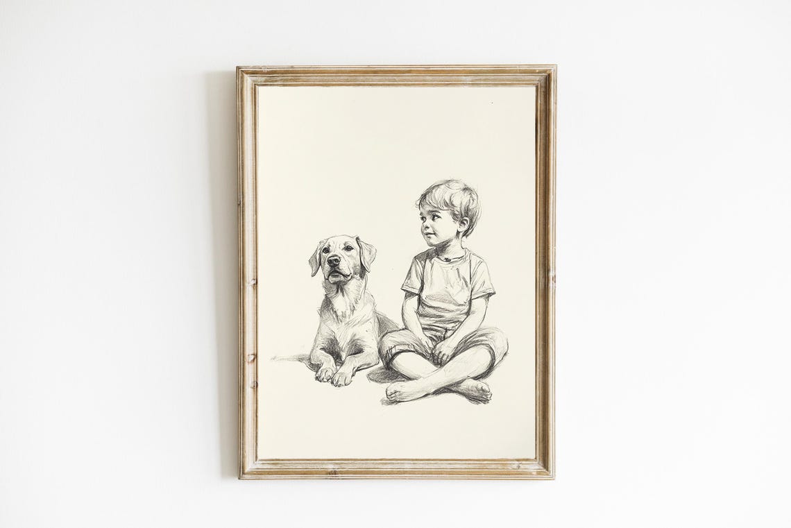 Boy And His Dog Line Drawing Kids Room Sketch Farmhouse Poster