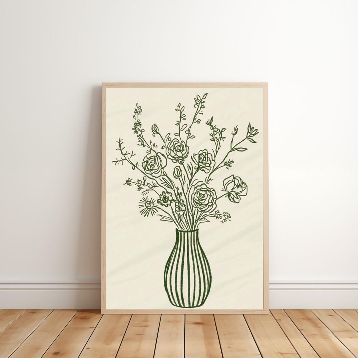 Minimalist Green Line Art Rose Bouquet Striped Vase Floral Poster