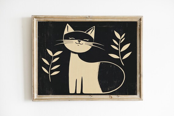 Smiling Cream Black Abstract Cat Botanical Illustration Landscape Poster