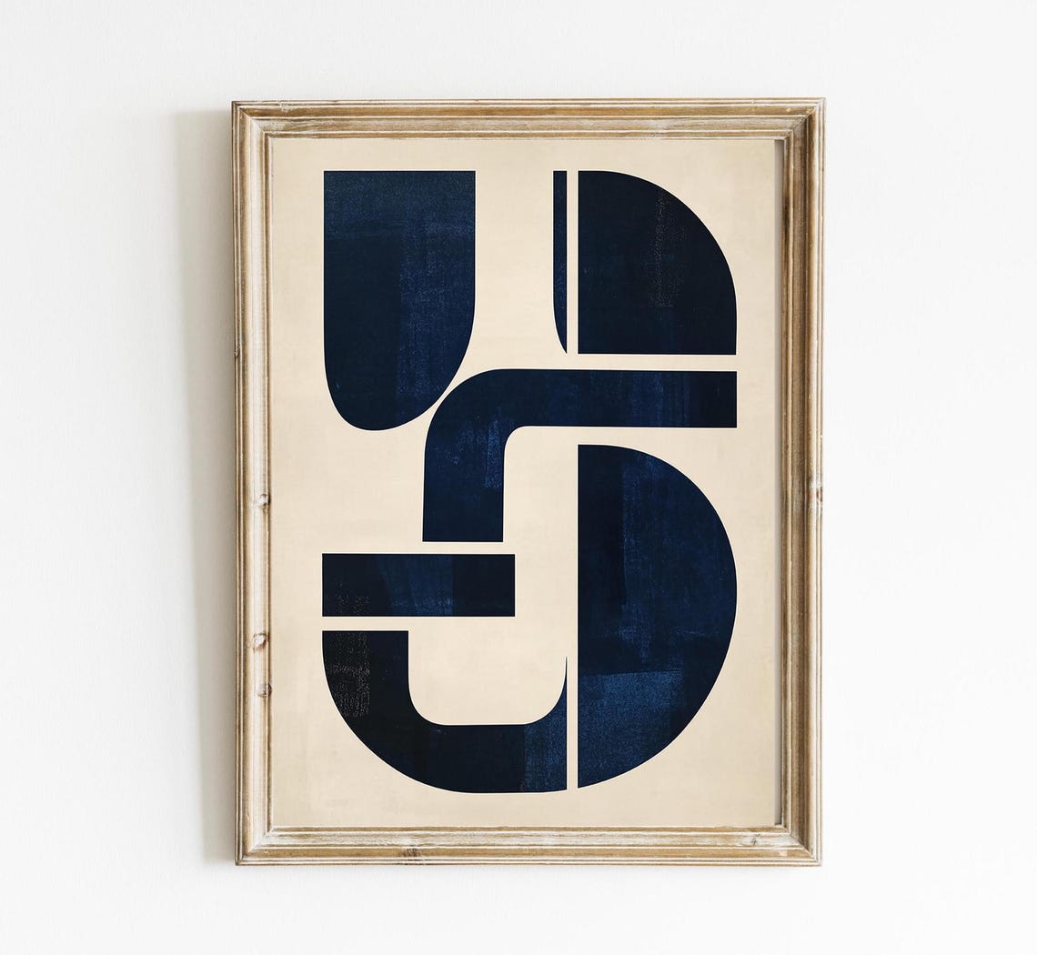 Navy Beige Mid Century Modern Interlocking Block Shapes Art Print