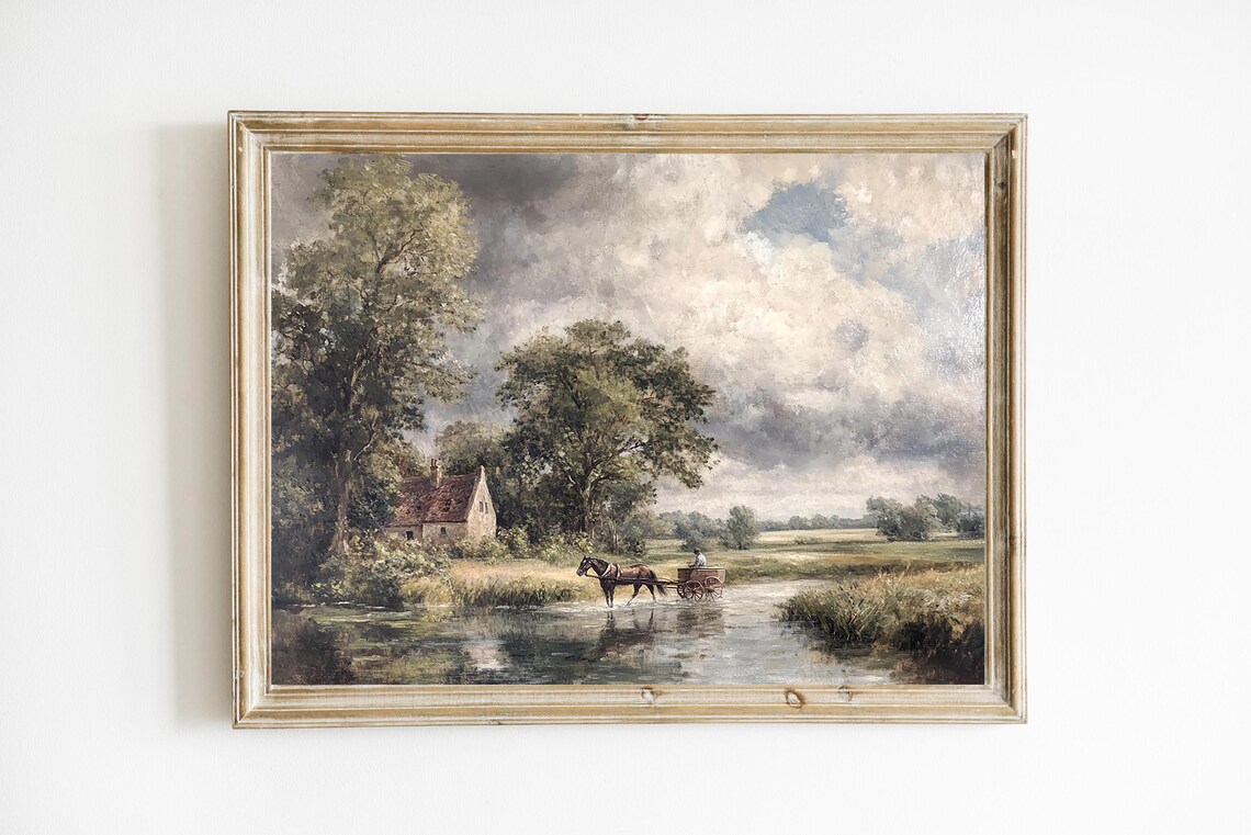 Antique Countryside Horse Cart Stream Vintage Oil Painting Print
