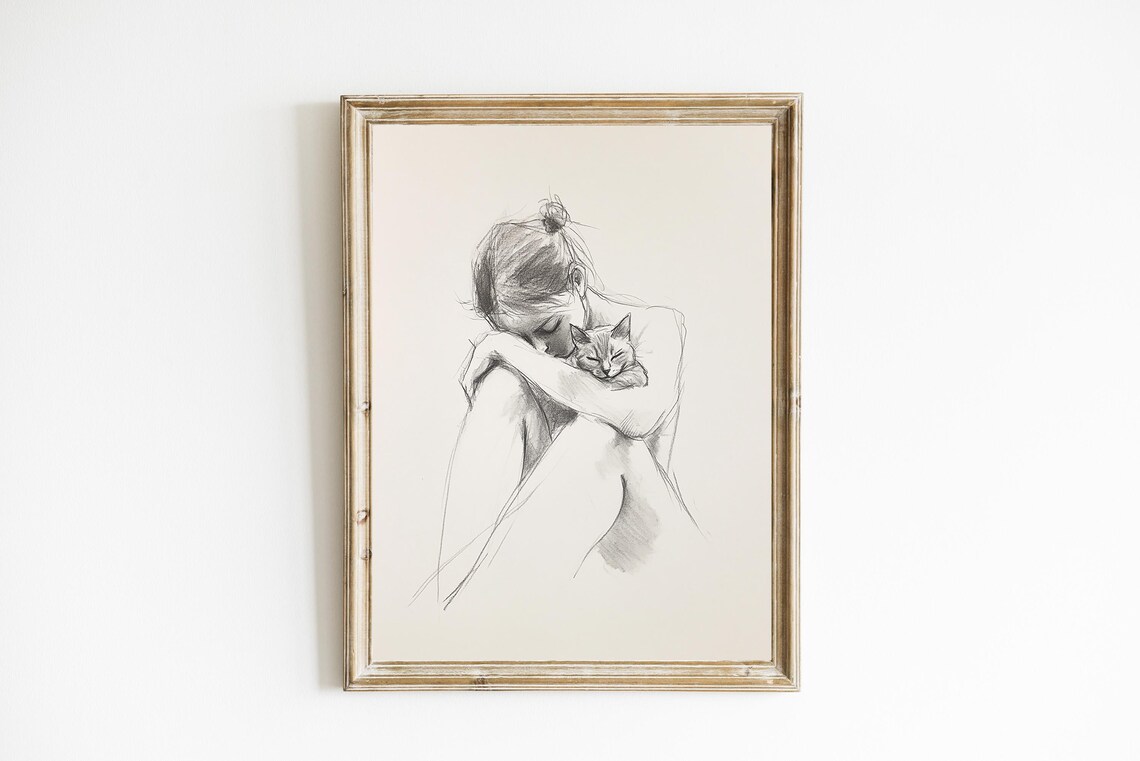 Woman and Cat Line Drawing, Neutral Farmhouse Art Print