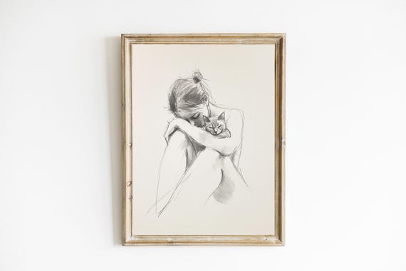 Woman and Cat Line Drawing, Neutral Farmhouse Art Print