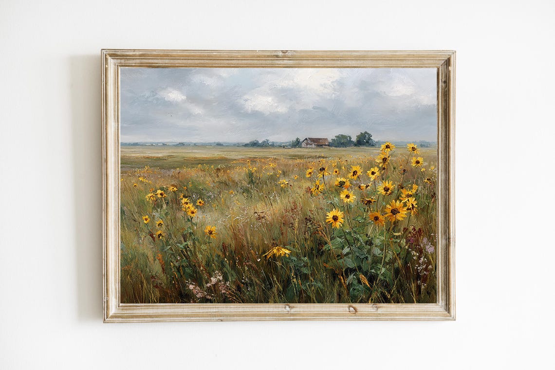 Vintage Sunflower Field Distant Barn Countryside Landscape Poster