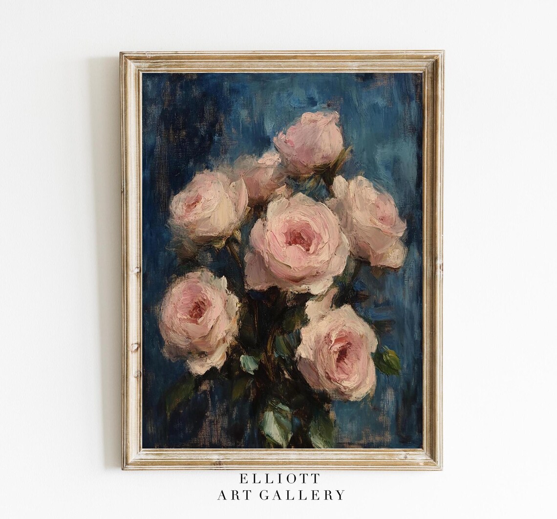Pink Roses Oil Painting Poster Vintage Floral Still Life Dark Blue