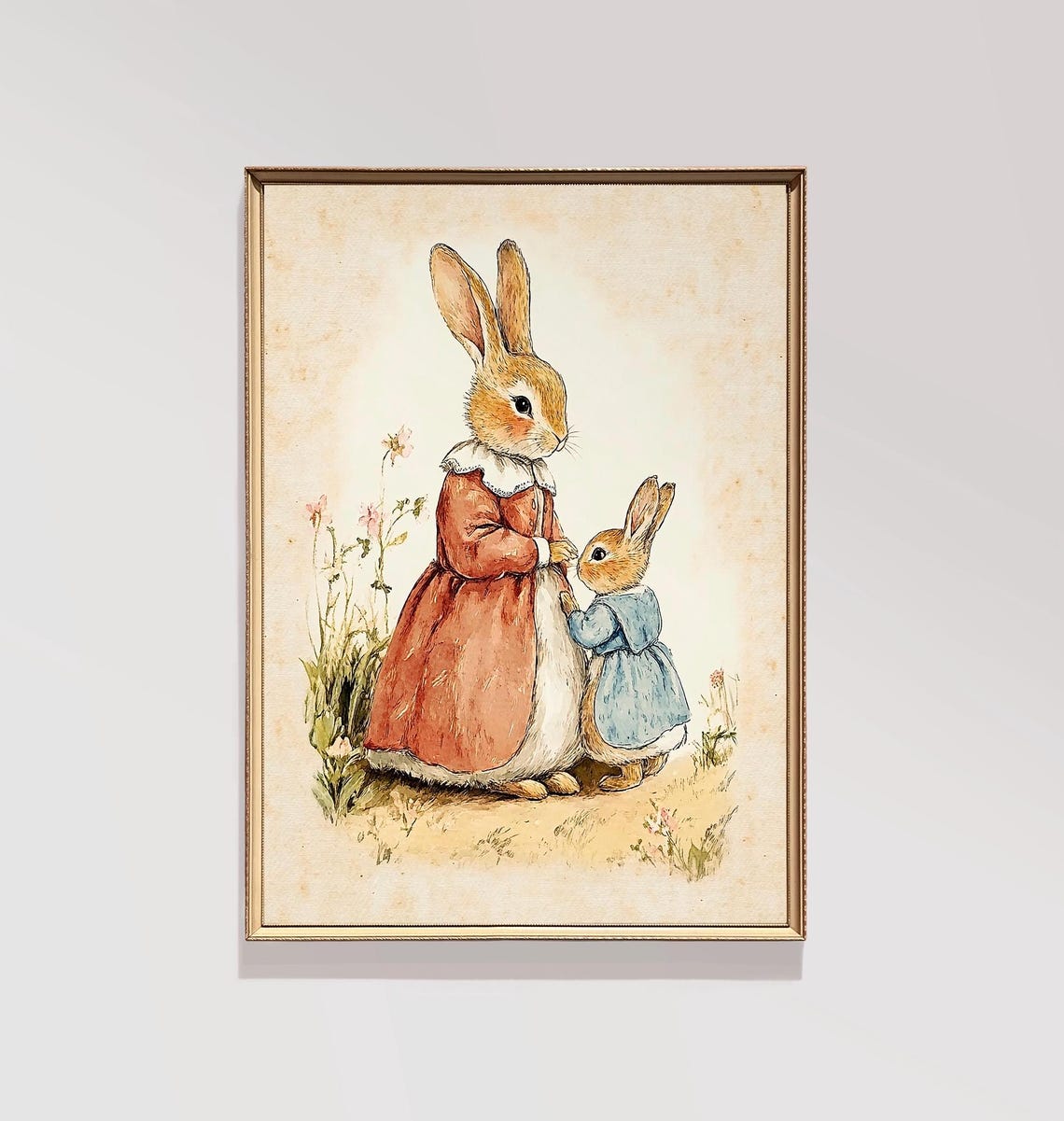 Mother and Baby Rabbit Vintage Nursery Animal Art Wall Poster