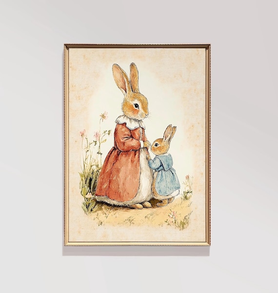 Mother And Child Rabbit Print Nursery Wall Art Mama Baby Vintage Decor E132