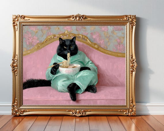 Vintage Black Cat Ramen Print Funny Midcentury Modern Kitchen Art