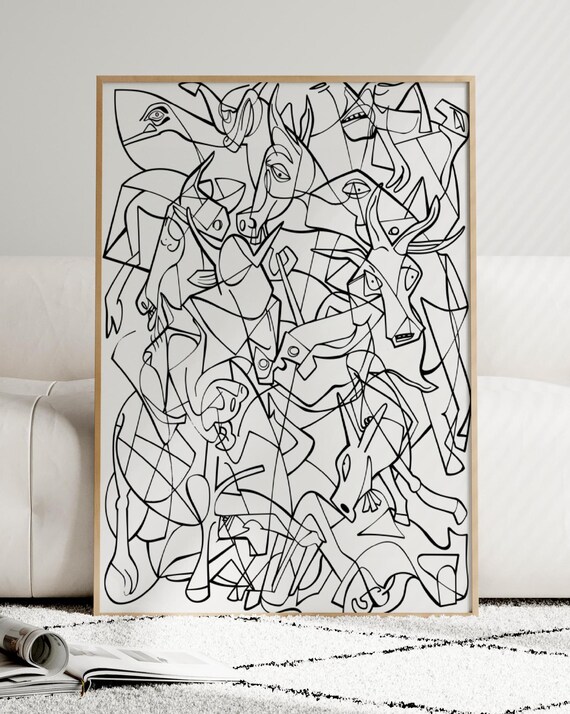 Cubist Black Line Drawing of Horses in Picasso Style Art Poster