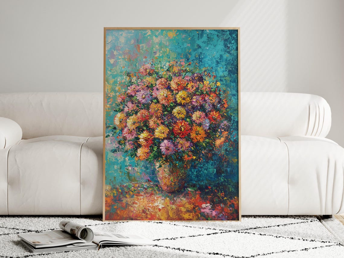 Chrysanthemum Painting, Pointillist Vintage Impressionist - Image 2