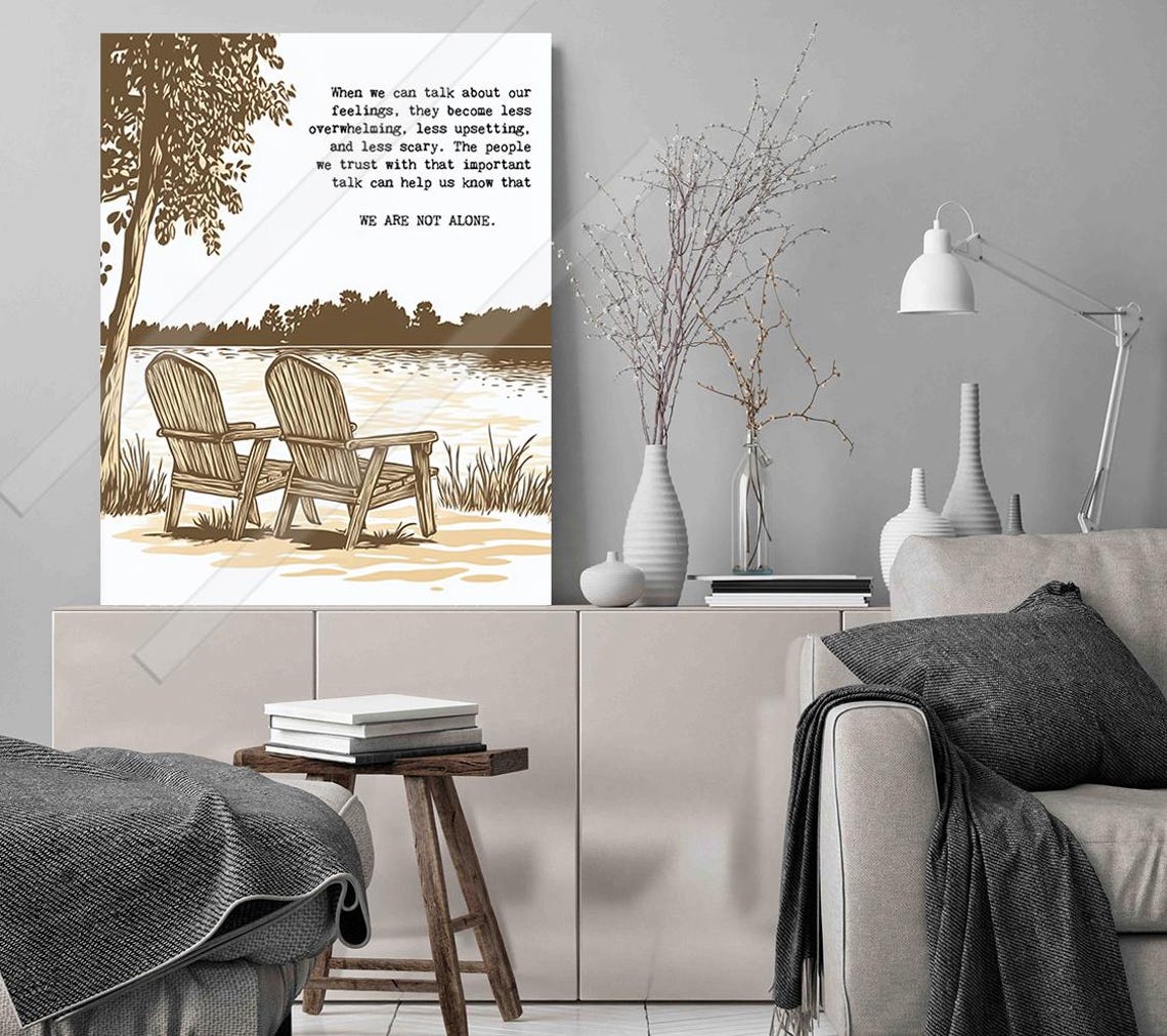 We Are Not Alone Two Chairs By The Lake Sepia Comfort Quote Poster - Image 3