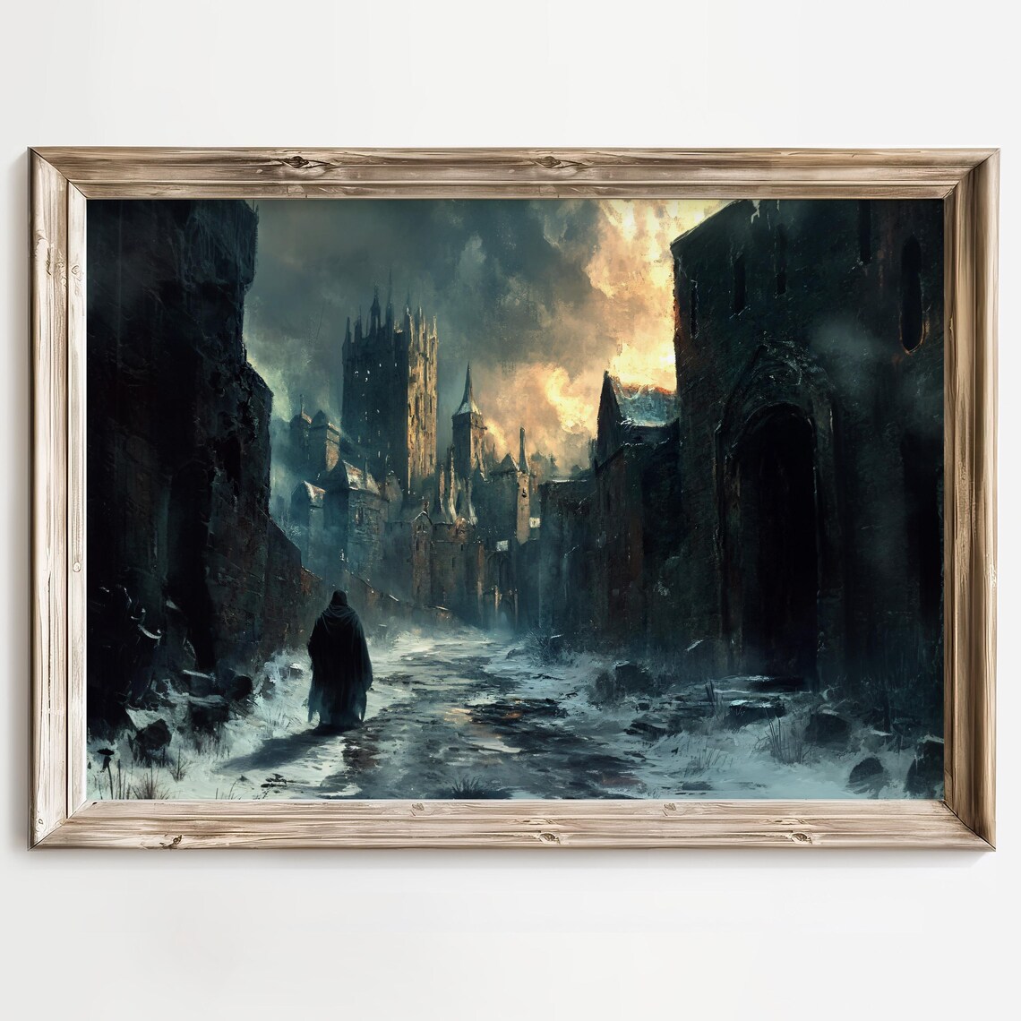 Dark Fantasy Ruined Castle City Hooded Figure In Snow Scene Poster - Image 3