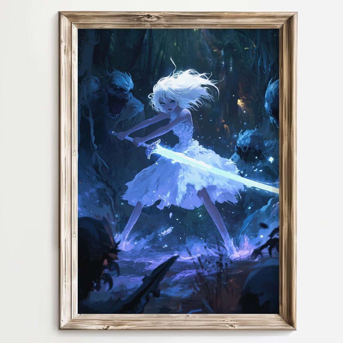 Anime Warrior Girl with Glowing Sword Dark Forest Battle Poster - Image 2
