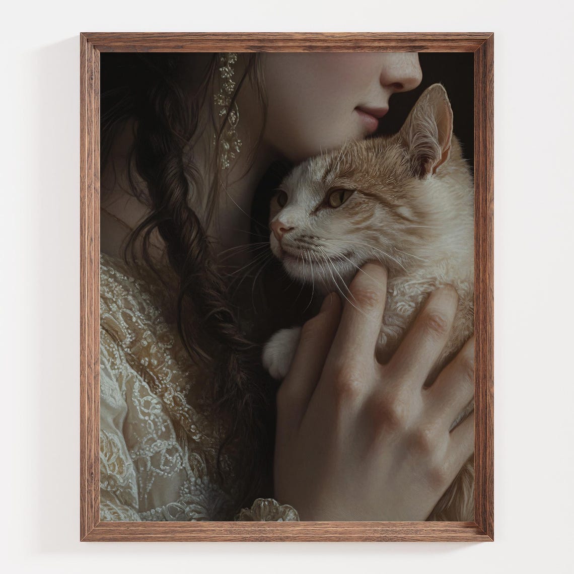 Romantic Woman Nuzzling a Tabby Cat Close-Up Portrait Art Poster - Image 3