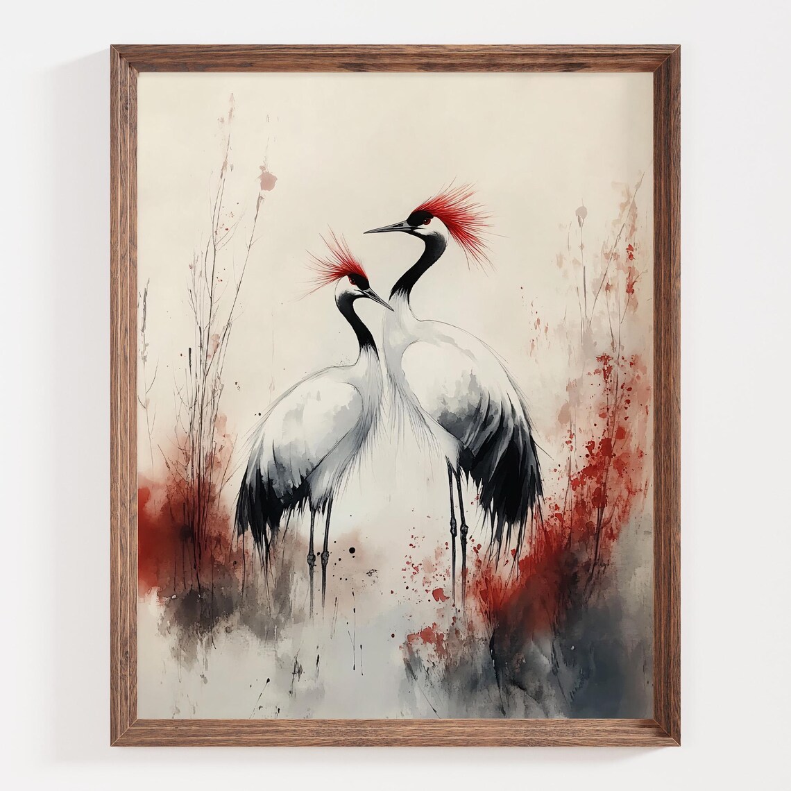 Pair of Red Crowned Cranes Japanese Watercolor Style Art Poster - Image 3