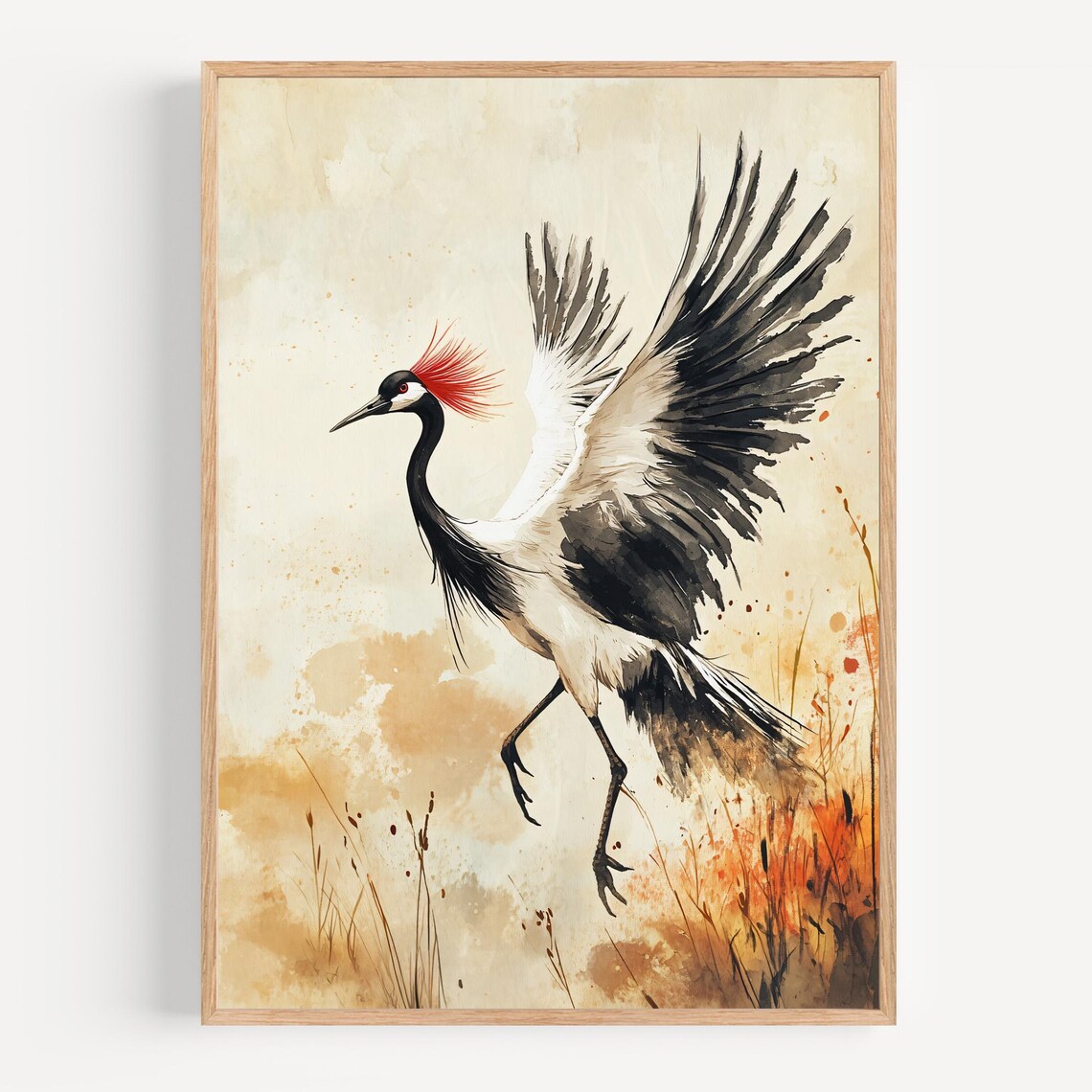 Red Crowned Crane Dancing Watercolor Japanese Bird Painting Poster - Image 2