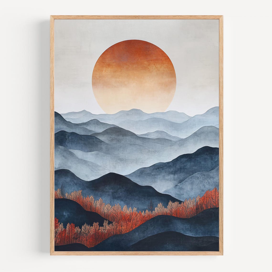 Layered Blue Mountains with a Giant Orange Sun Abstract Print - Image 2