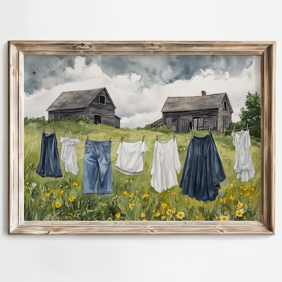 Rustic Farmhouse Watercolor Clothesline Art Print