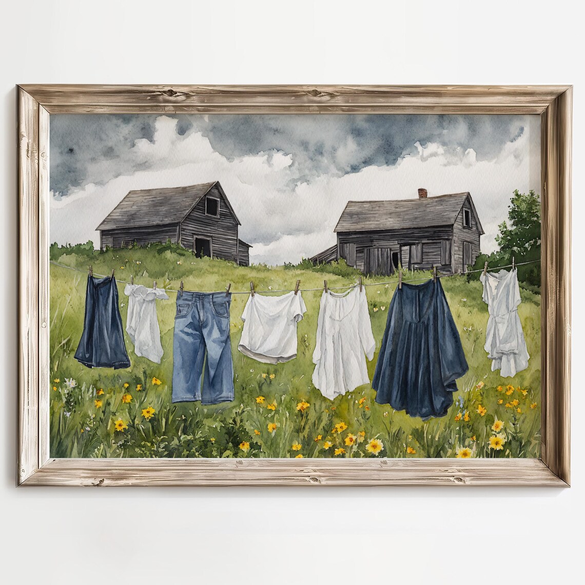 Rustic Farmhouse Watercolor Clothesline Art Print