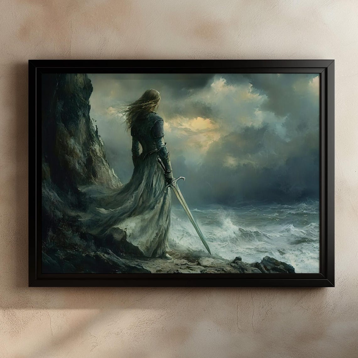 Stormy Cliff Female Warrior With Sword Dark Fantasy Seascape Poster - Image 4