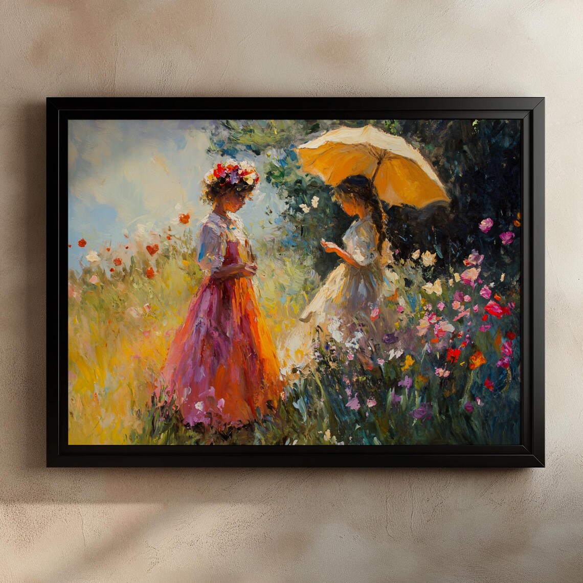 Two Women in Vintage Dresses Strolling a Blooming Garden Poster - Image 2