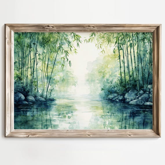 Bamboo Art Print Watercolor Bamboo Painting Tranquil River Wall Art Zen Bamboo River Artwork Misty Bamboo Forest Zen Interior Decor