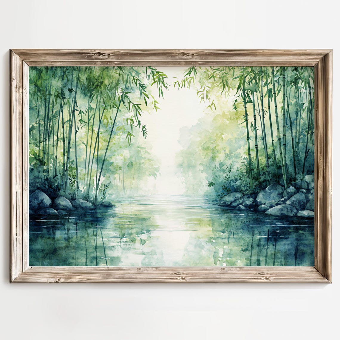 Watercolor Bamboo Grove River Tranquil Zen Nature Scene Poster