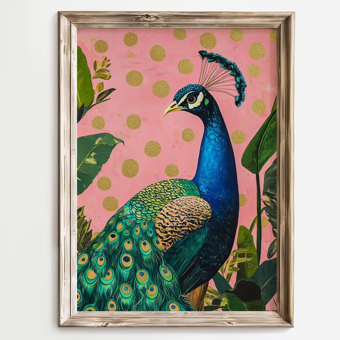 Blue Peacock on Pink with Gold Polka Dots Tropical Bird Poster