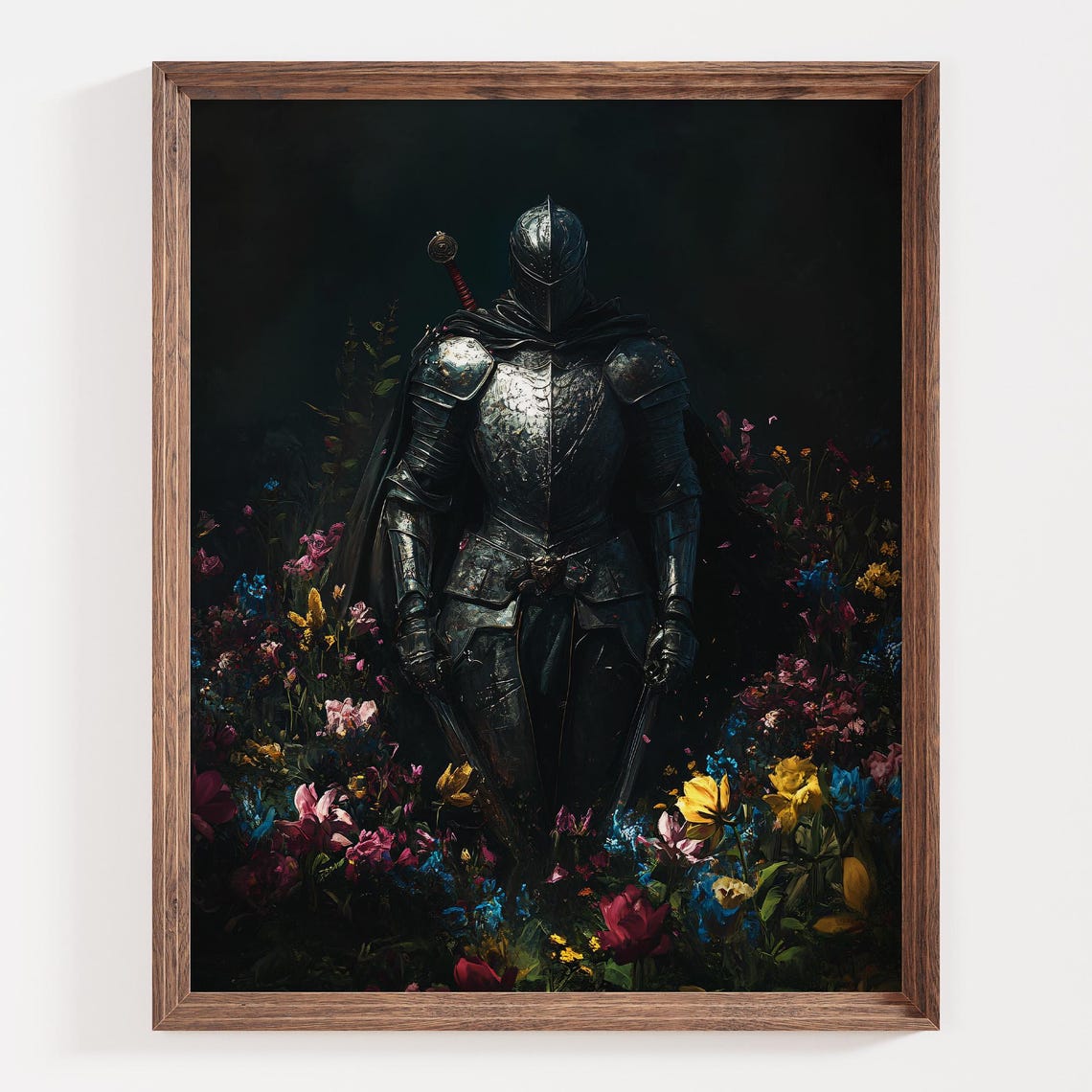 Dark Knight in Armor Standing Among Colorful Wildflowers Poster