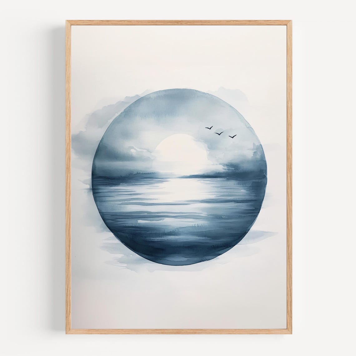 Blue Watercolor Ocean Circle with Flying Seagulls Minimal Poster - Image 3