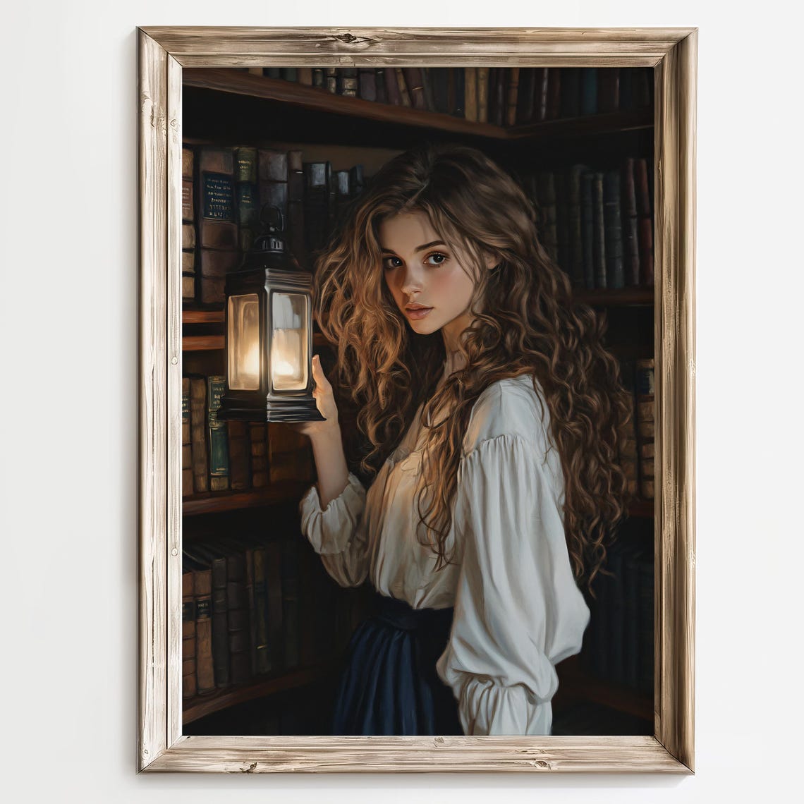 Young Woman Holding a Glowing Lantern in a Candlelit Library Poster - Image 3