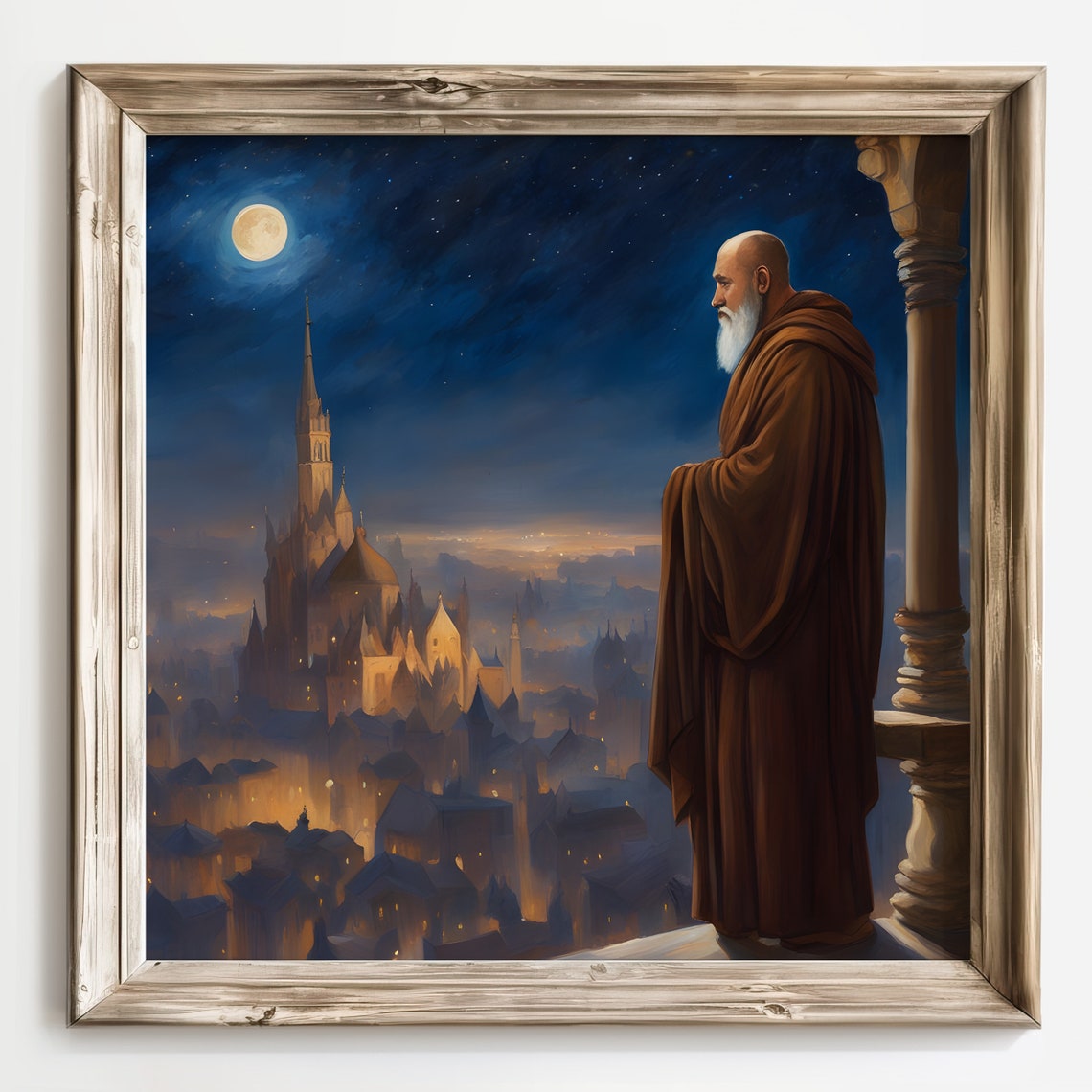 Monk Gazing at a Moonlit Cathedral Above a Night City Poster - Image 2