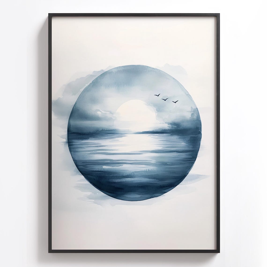 Blue Watercolor Ocean Circle with Flying Seagulls Minimal Poster