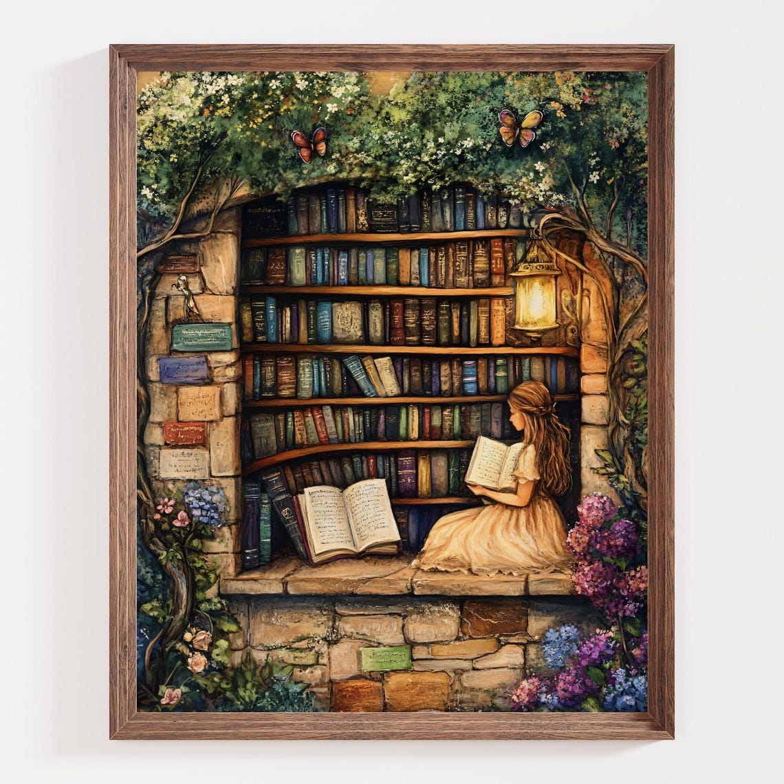 Little Girl Reading in a Hidden Stone Library Alcove Wall Art